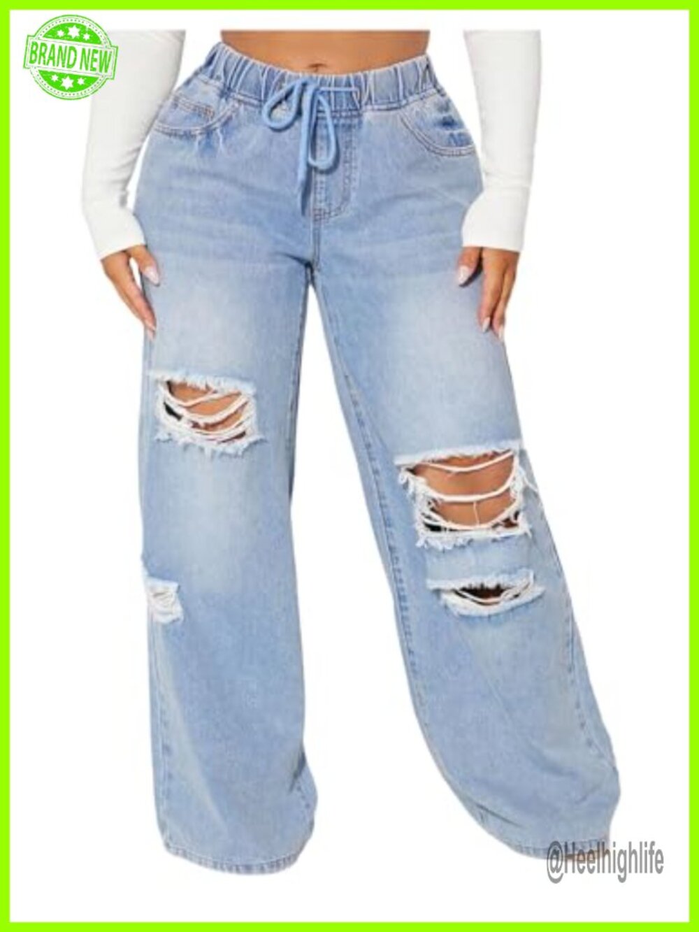 Plus Size Baggy Wide Leg Ripped Distressed Denim Jeans Drawstring Elastic Waist